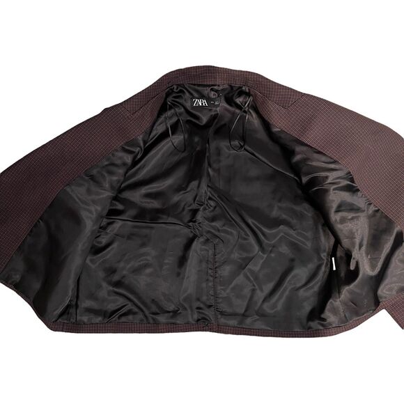 Zara Houndstooth Cropped Blazer L Brown Check Tailored Jacket Business - Picture 10 of 13